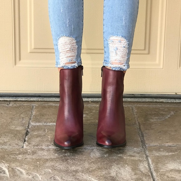 Burgundy Genuine Leather Woven Pointy Ankle Boots - Picture 3 of 8
